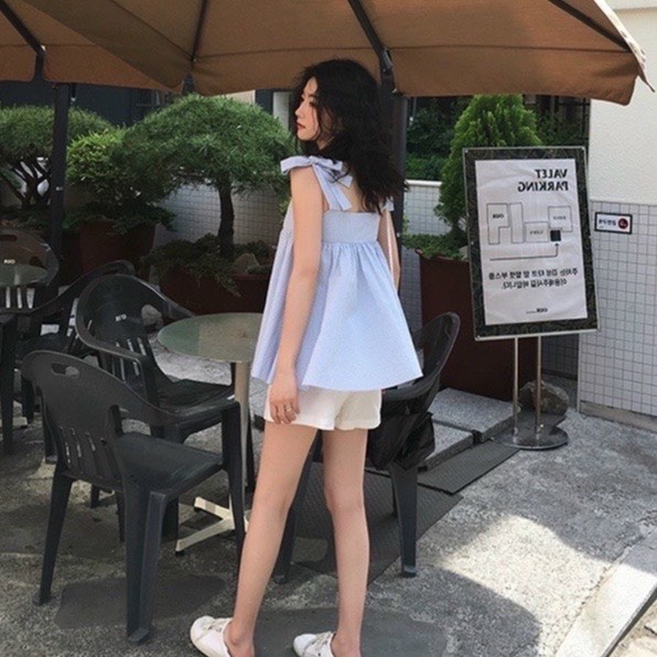 Set áo quần babydoll hai dây thắt nơ kẻ xanh và quần short trắng cực xinh Mã sản phẩm LACO27