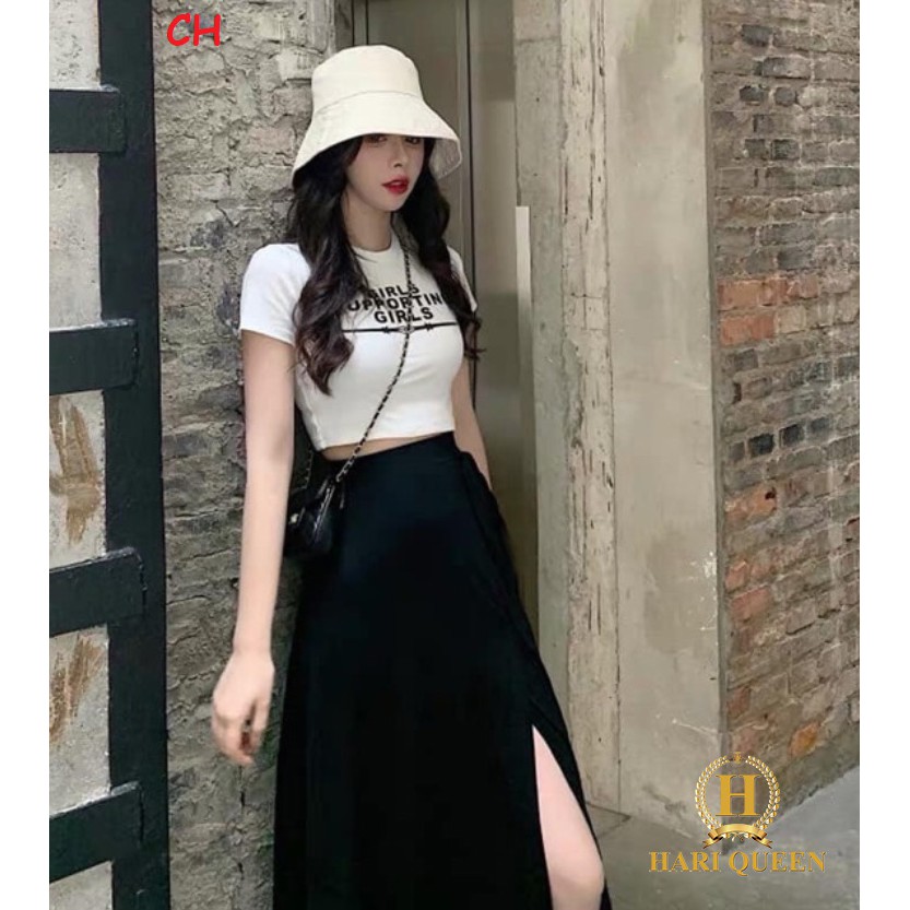 Sét váy áo cropt Girl + chân váy xẻ COH0420