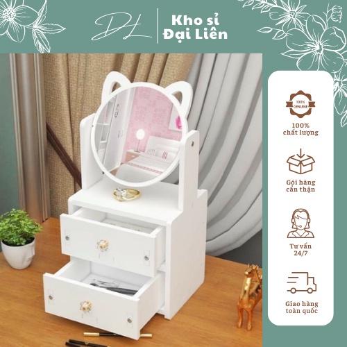 Kệ đựng mỹ phẩm mini tai mèo có gương cao cấp, Kệ mỹ phẩm để bàn 2 ngăn chất nhựa gỗ bền đẹp