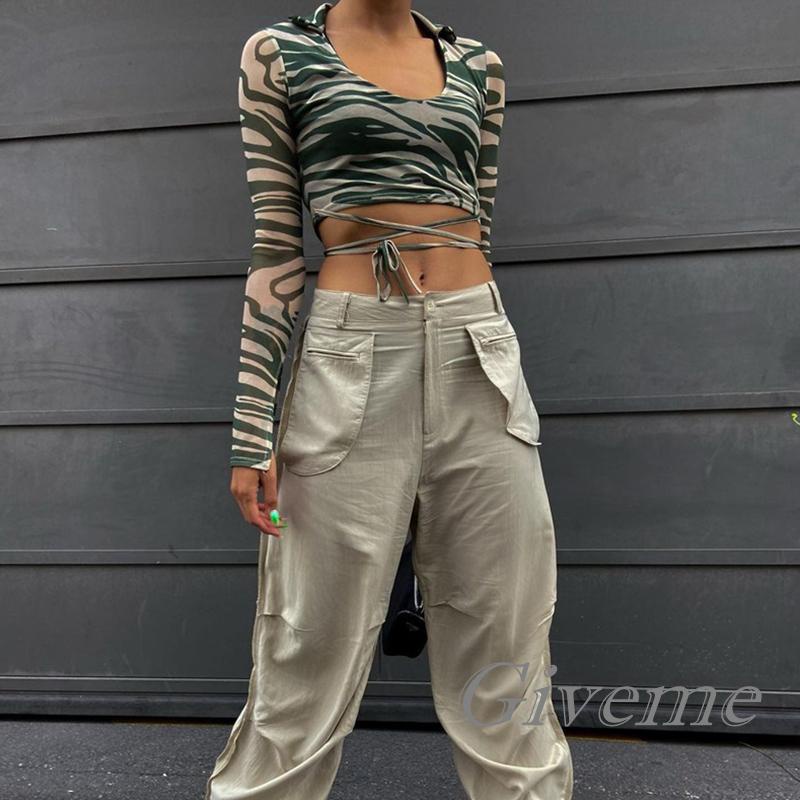 GIVEME-Women´s Spring Summer Crop Tops Long Sleeve U Neck Zebra Print Mini Bandage T-shirt