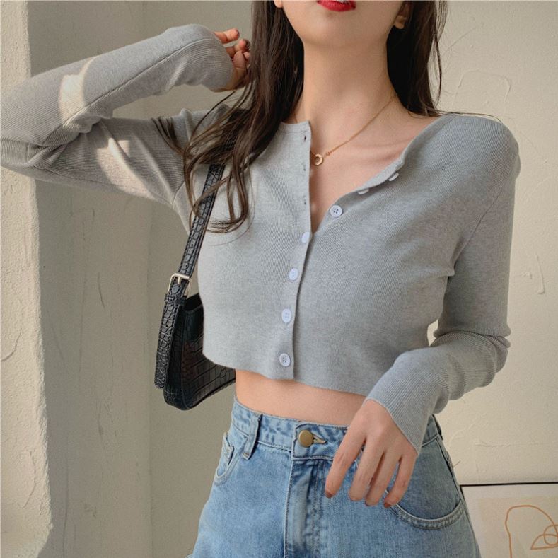 Áo Croptop Nữ Dài Tay Phối 6 Cúc Mẫu Mới Cực Xinh,Áo Croptop Chất Đẹp Co Dãn Phong Cách Hàn