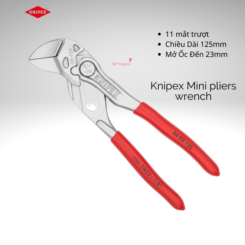 Kìm Mỏ Lết Mini Knipex 86 03 125 Mở Ốc Đến 23mm Tay Cầm Đỏ Thân Kìm Mạ Chrome Hạn Chế Gỉ Sét
