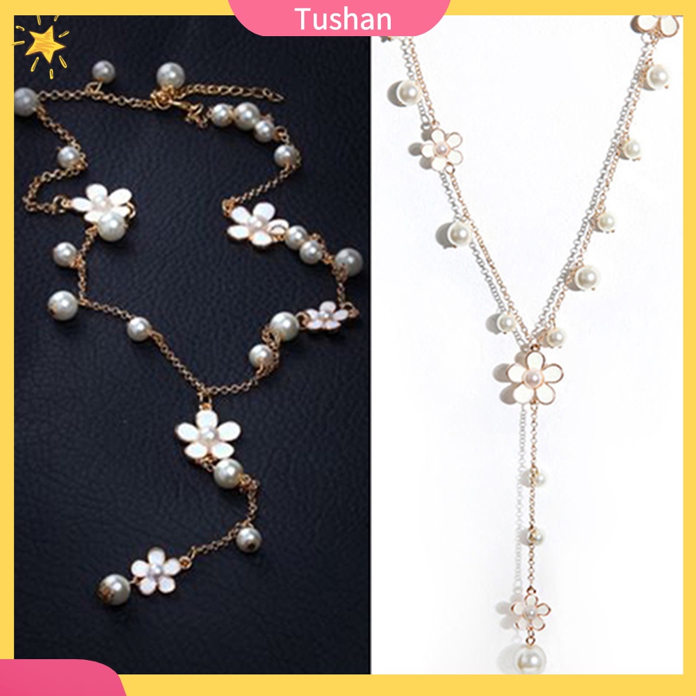 TUSH_Women's Fashion Korean Style Faux Pearl Flowers Long Necklace Chain