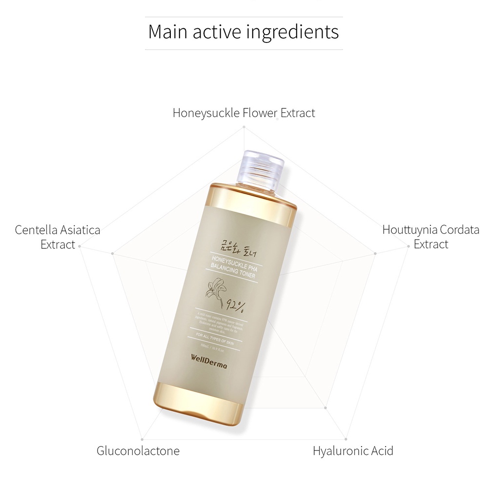Nước hoa hồng WellDerma PHA chiết xuất kim ngân có tính axit thấp không gây kích ứng làm đều màu da 500ml