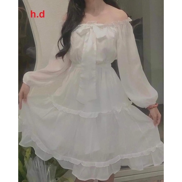 Váy Trễ Vai bánh Bèo , Đầm dự tiệc voan rớt vai màu trắng dáng xòe . MIALA