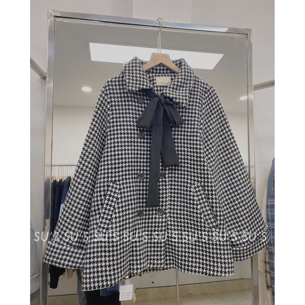 [Ảnh thật/Video] Áo khoác dạ kẻ ziczac đen trắng thắt nơ dáng rộng ulzzang - Áo dạ kẻ caro nhỏ kèm nơ siêu xinh | BigBuy360 - bigbuy360.vn