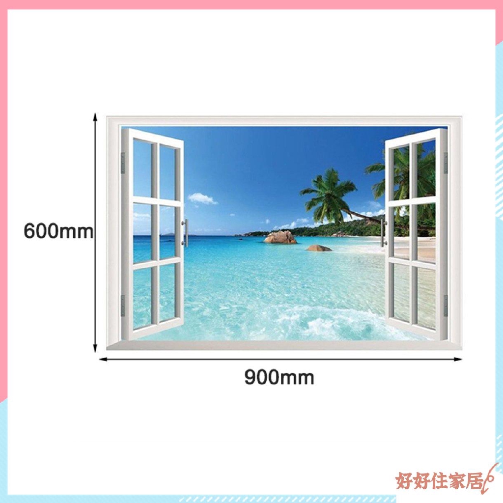 Miếng dán tường PVC hình phong cảnh biển ngoài cửa sổ 3d xinh xắn chất lượng