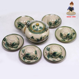 Bộ Ấm Chén Pha Trà ( Ấm Chén) Kiểu Nhật Vẽ Lá Tre Nàng Gốm Bát Tràng