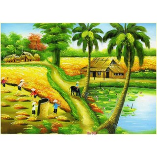 Tranh dán tường Tranh đồng quê cánh đồng mùa gặt lúa, tranh dán tường 3d hiện đại - tích hợp sẵn keo