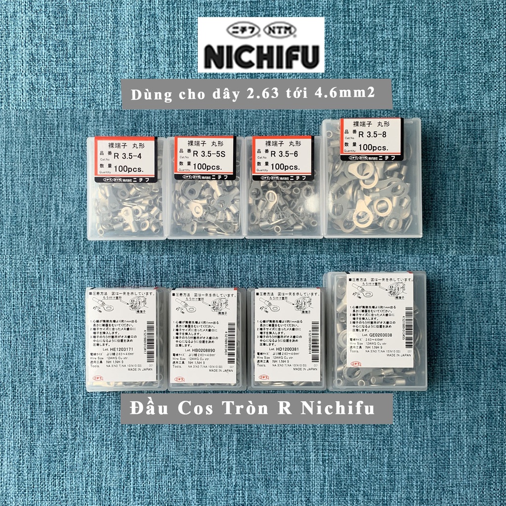 Đầu cos tròn R3.5 Nichifu Nhật Bản - Đầu cốt Nichifu tròn loại trần- chodây 2.63 tới 4.6mm2 R3.5-4 R3.5-5S R3.5-6 R3.5-8