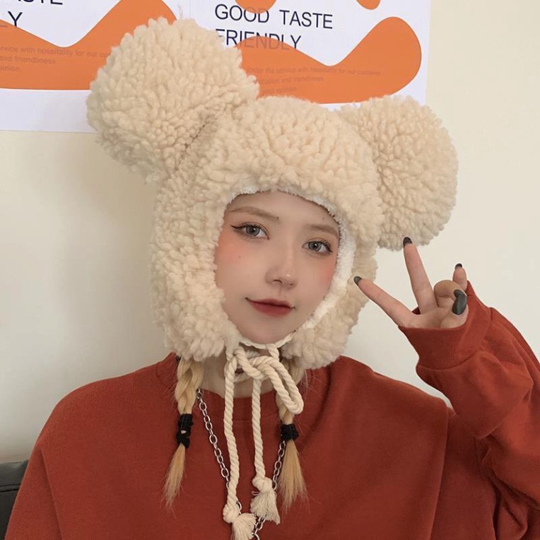 Mũ Lông Cừu Lót nỉ Kèm Tai Siêu Cute Dễ Thương Hàng Quảng Châu Cao Cấp