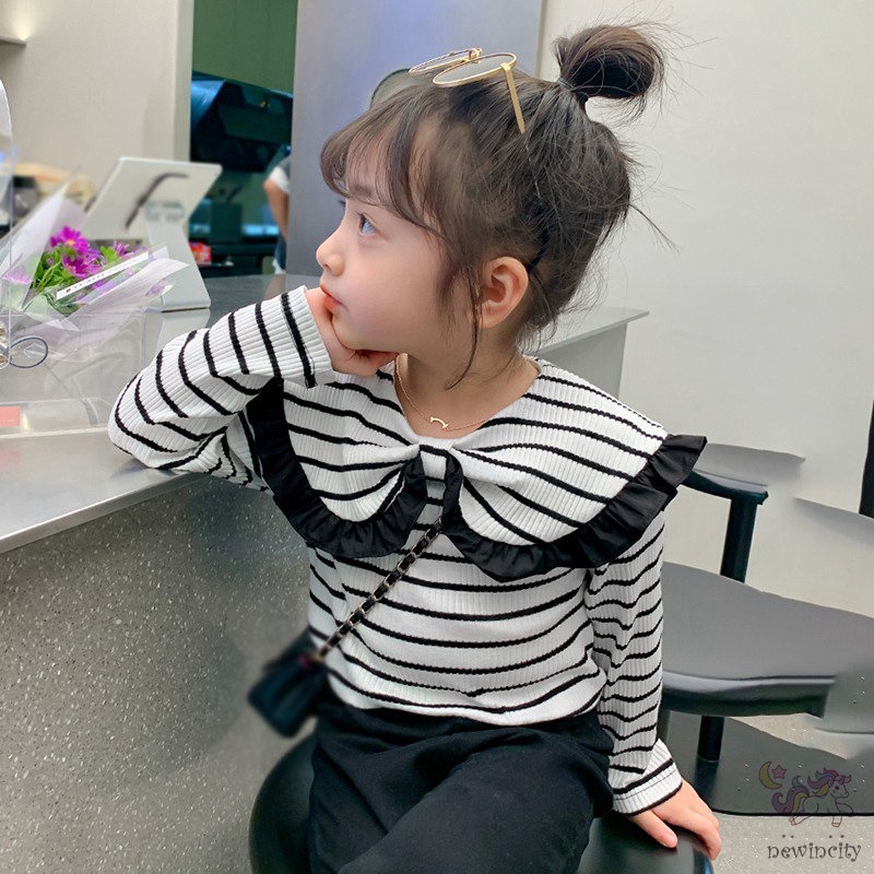 Áo Sơ Mi Tay Dài Cổ Búp Bê Họa Tiết Kẻ Sọc Đính Nơ Dễ Thương Thời Trang Mùa Thu Phong Cách Hàn Quốc Cho