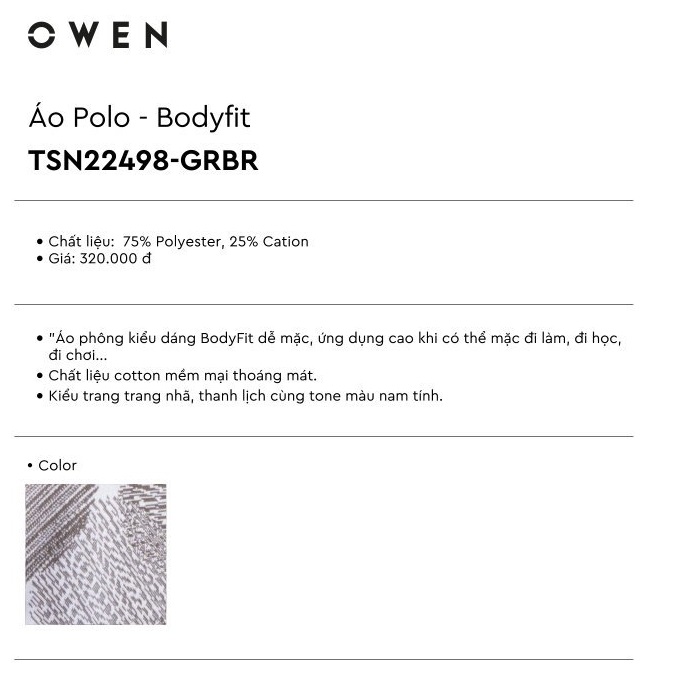 Áo Thun Nam Ngắn Tay Cổ Tròn Owen TSN22498 Áo Phông T-Shirt Màu Xám Họa Tiết Elip Vải Polyester Thể Thao Dáng Body Fit