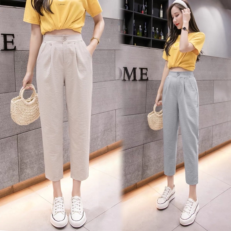 Quần đũi nữ baggy dáng dài lưng cao cạp sau chun vải đũi dài chất thun mềm- Quần vải nữ cạp cao màu đen be đi học đi làm