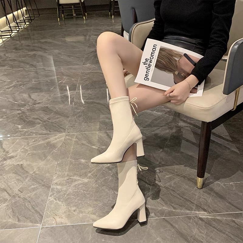 BOOT CAO CỔ DA LÌ GÓT 7CM BUỘC DÂY SAU/BỐT NỮ CAO GÓT MŨI NHỌN | BigBuy360 - bigbuy360.vn