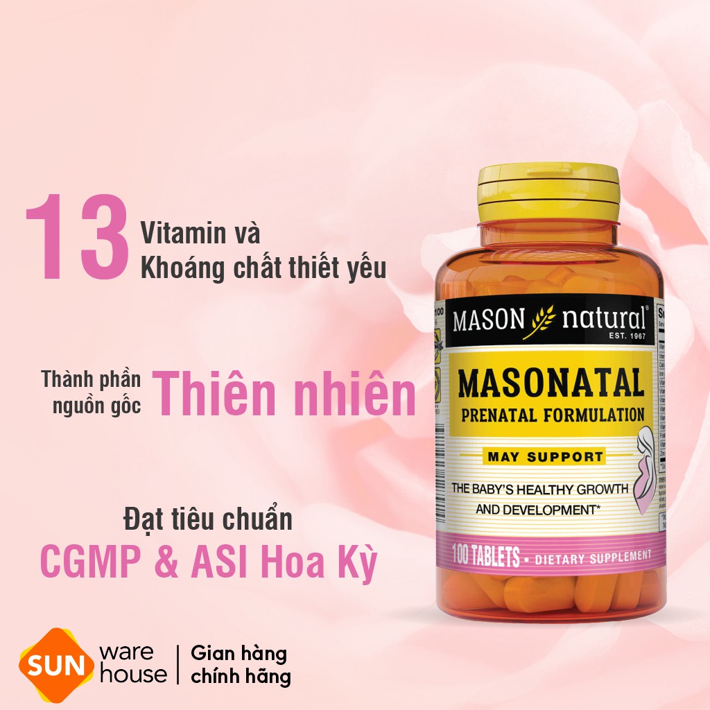 Viên Uống Tổng Hợp Vitamin MASON NATURAL Prenatal Formulation 100 Viên Cho Phụ Nữ Mang Thai Và Cho Con Bú