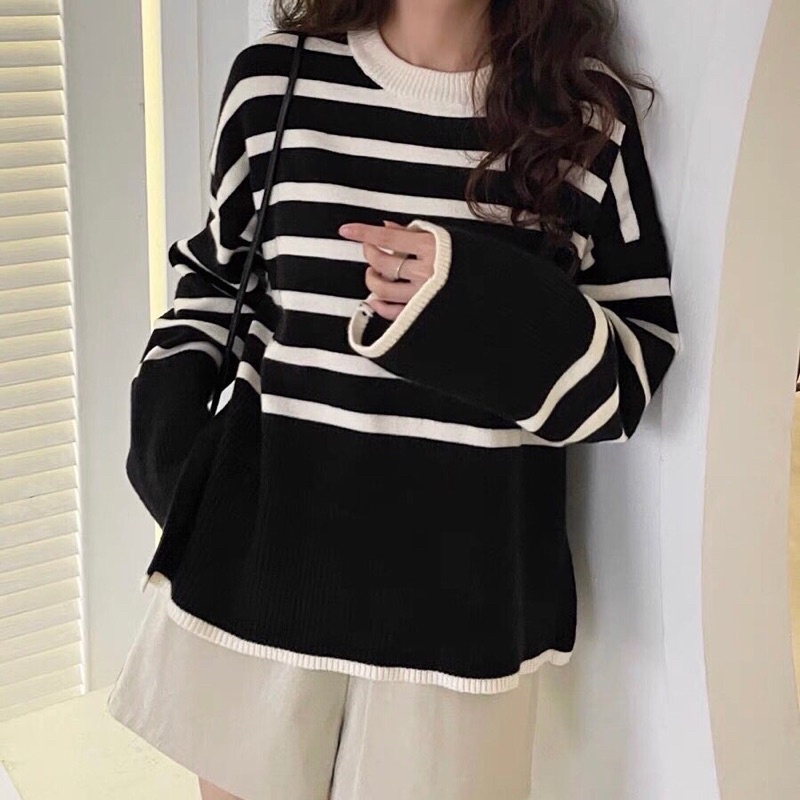 Áo len kẻ ngang xẻ tà freesize korea