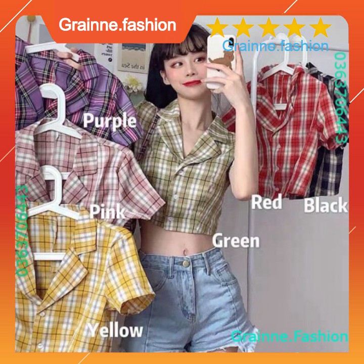 ÁO SƠ MI CROPTOP TAY NGẮN KẺ SỌC CARO THỜI TRANG CHO NỮ - CROPTOP CARO KẺ TÍM ĐEN ĐỎ HỒNG VÀNG XANH 💎  👗👑- GNFShop