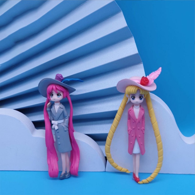 Mô hình thủy thủ mặt trăng, công chúa tóc xanh, tóc hồng trang trí bánh kem sinh nhật, móc khóa, DIY