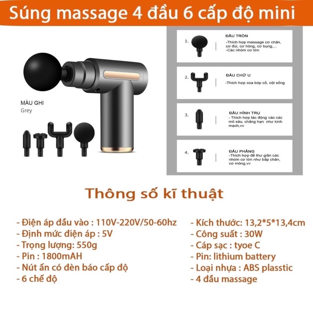 Súng Massage Cầm Tay 4 Đầu Mát xa 6 tốc độ- Avita