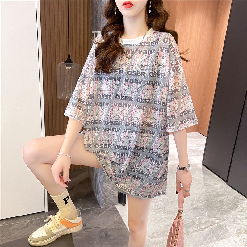 【ZHELIHANGFEI】 / Áo Thun Tay Ngắn Dáng Vừa In Họa Tiết Bằng Lụa Băng Thời Trang Mùa Hè Dành Cho Bạn Nữ