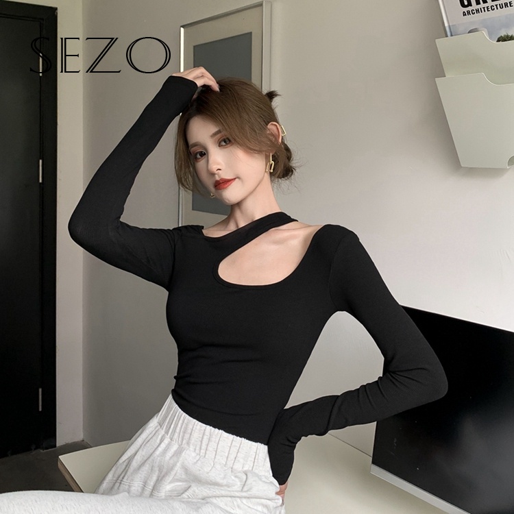 QKOOLE  Áo thun tay dài cổ tròn dáng ôm phong cách Hàn Quốc thời trang sành điệu cho nữ