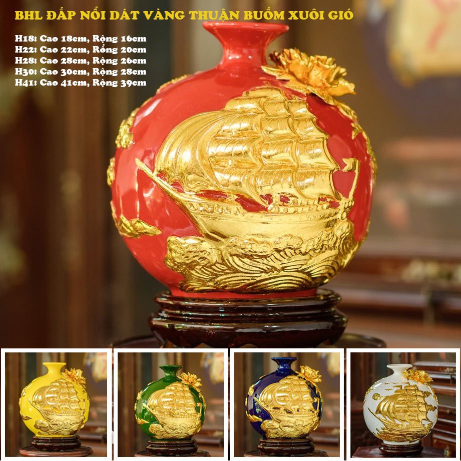 🔥 Lọ hoa hút lộc - Bình Hút Tài Lộc Dát Vàng Gốm Sứ Bát Tràng Cao Cấp + Tặng Kèm Đế Gỗ
