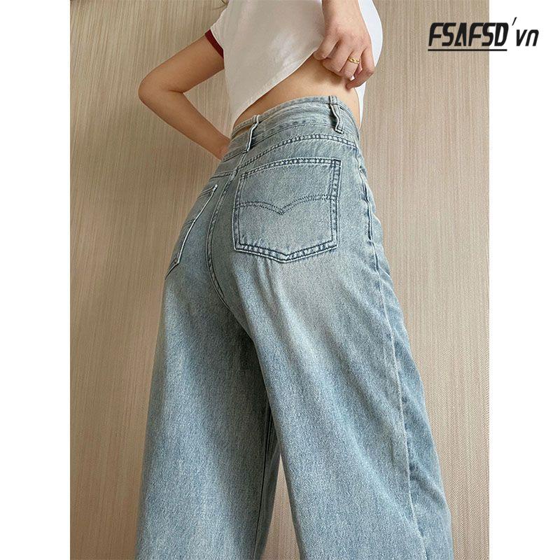 Quần Jean Dài Lưng Cao Ống Rộng Phối Dây Rút Thời Trang Xuân Thu Cá Tính Cho Nữ
