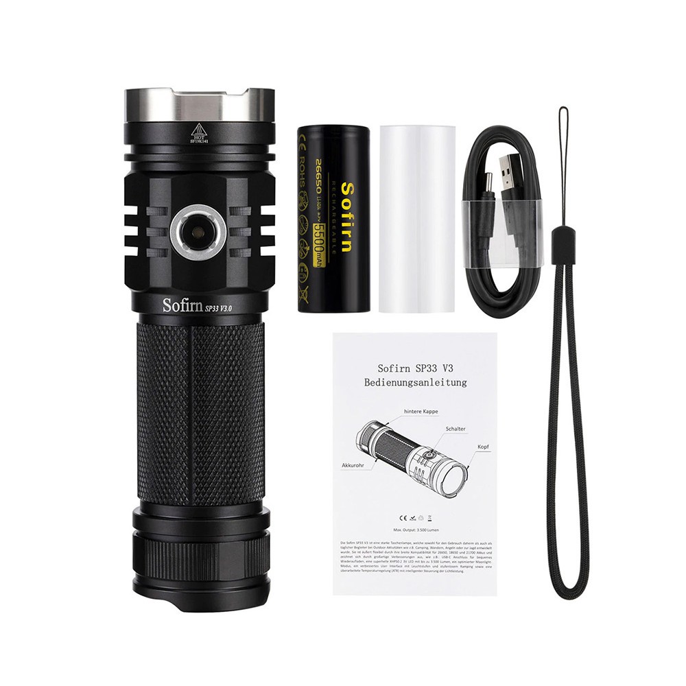Đèn pin siêu sáng SOFIRN SP33 V3 LED CREE XHP50 sáng 3500lm chiếu xa 269m cổng sạc USB pin 26650 Kèm theo
