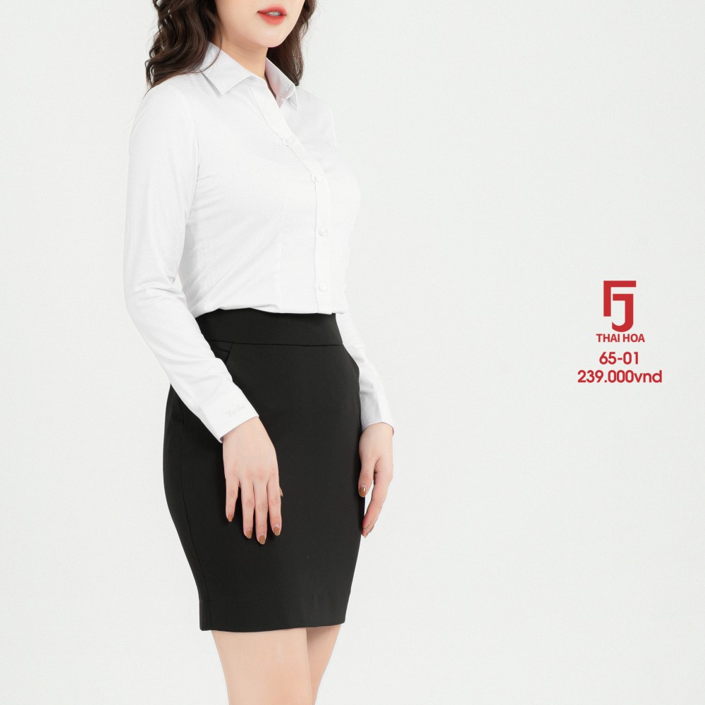 Áo sơ mi công sở nữ dài tay màu trắng đẹp kẻ caro vải cotton Thái Hòa 65-01