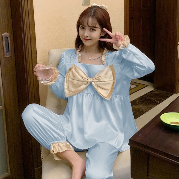 Bộ đồ ngủ tay dài chất lụa mát phong cách công chúa dễ thương thời trang xuân thu dành cho nữ | BigBuy360 - bigbuy360.vn