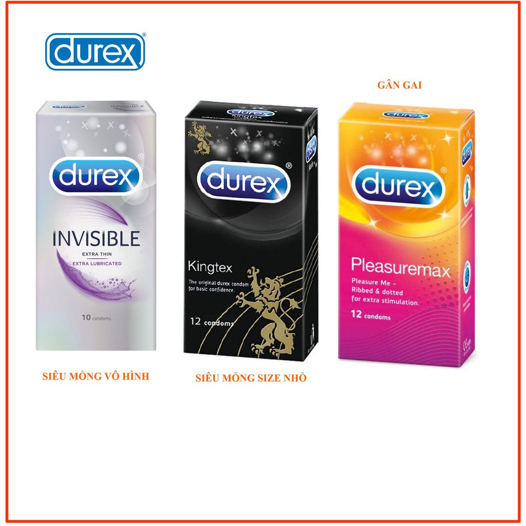 Bao cao su Siêu mỏng Durex Invisible + S.Mỏng Durex Kingtex + Gân gai Durex Pleasuremax
