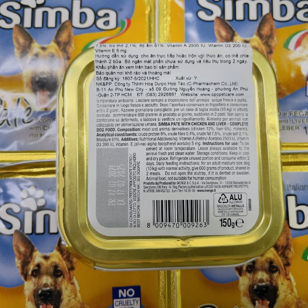 Pate Simba 150g dành cho chó  2 vị - dinh dưỡng - khoáng chất - vitamin - kích thích thèm ăn - chính hãng Ý