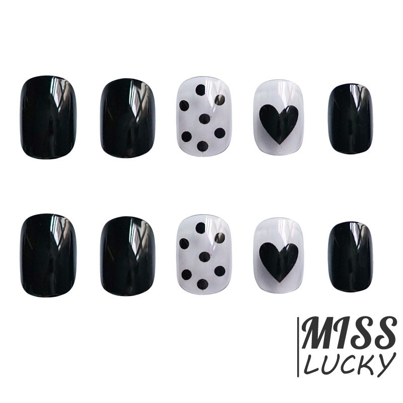 Bộ 24 Móng Tay Giả Họa Tiết Chấm Bi Đen Thời Trang Cho Nữ