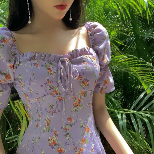 Bigsize S-4XL Đầm tím hoa nhí cổ vuông viền bèo cách điệu