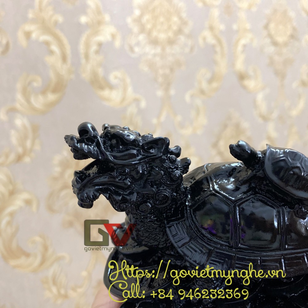 Tượng đá long quy _ Rùa đầu rồng trang trí phong thủy - Long quy cõng rùa con - Cao 10cm - Màu Đen Tuyền