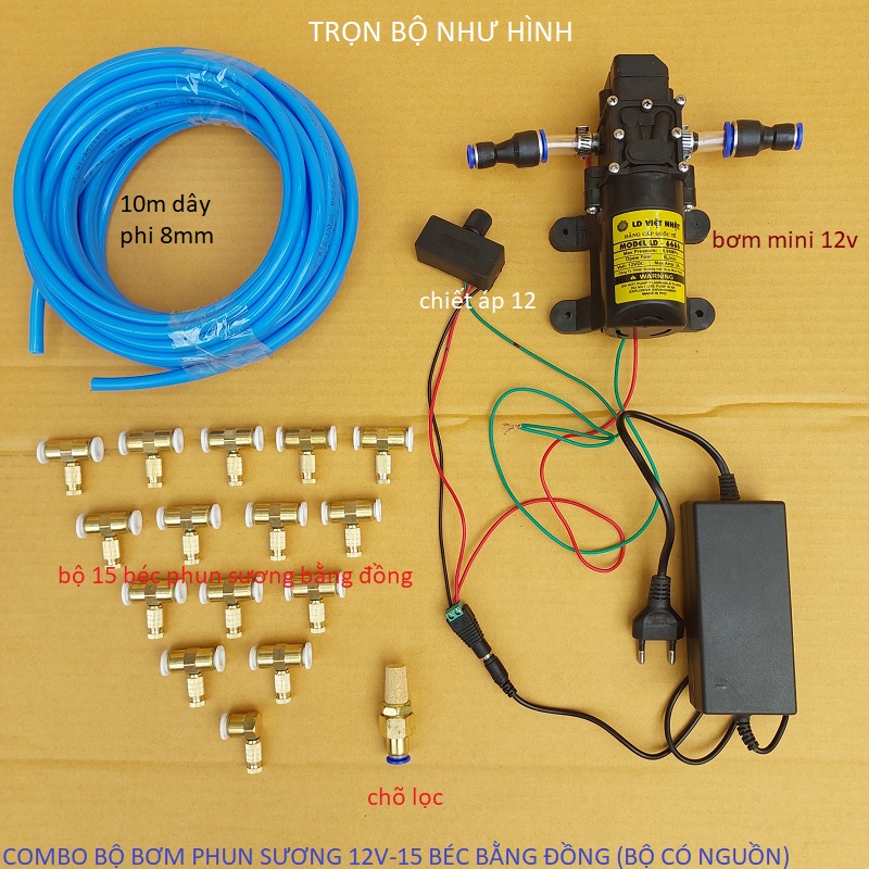 Bộ máy bơm phun sương 5 béc đến 30 béc, có chiết áp điều chỉnh lượng nước (bộ có nguồn)