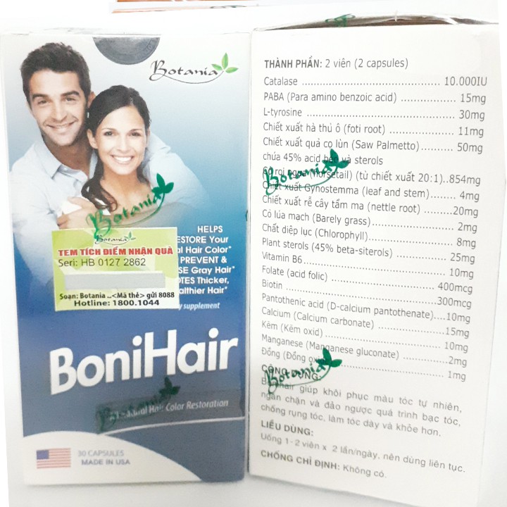 Bonihair - giảm bạc tóc, rụng tóc - Lọ 30 viên - có tem tích điểm mua 6 tặng 1