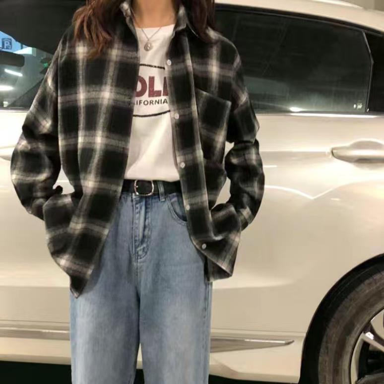 Áo sơ mi nam nữ form rộng sọc kẻ caro dài tay Unisex basic cotton kiểu màu xanh và đỏ