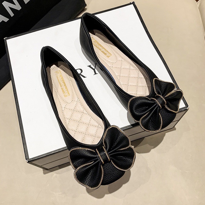 Giầy búp bê nữ nơ cánh xòe viền xích xinh xắn đế dẻo