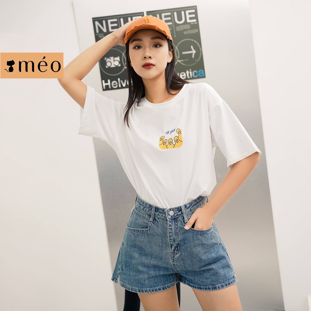 Áo thun tay lỡ Méo shop cổ tròn cotton in chữ Quạc freesize form rộng