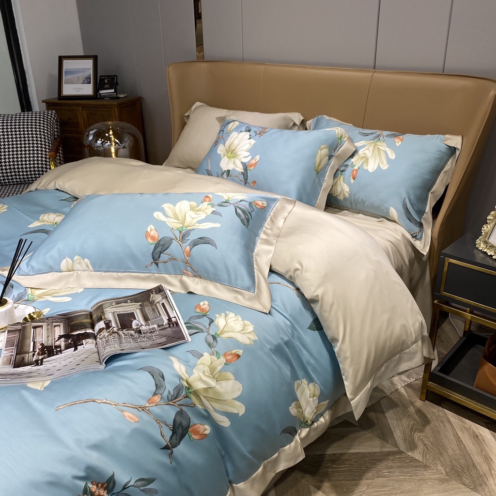 Bộ chăn ga gối cao cấp 100%Tencel 100s, họa tiết Hoa Nhài tây, biểu tượng cho cái đẹp, tình yêu, chất liệu siêu mềm mịn