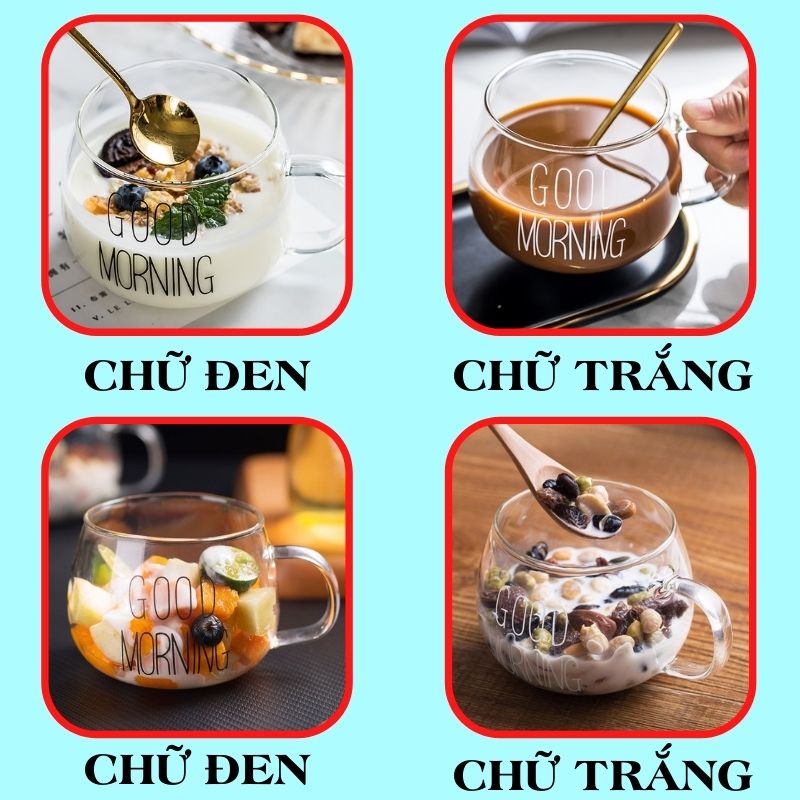 Ly thủy tinh dễ thương uống nước cute GOOD MORNING 350 ml Cốc thủy tinh chịu nhiệt có quai decor OUDECOR