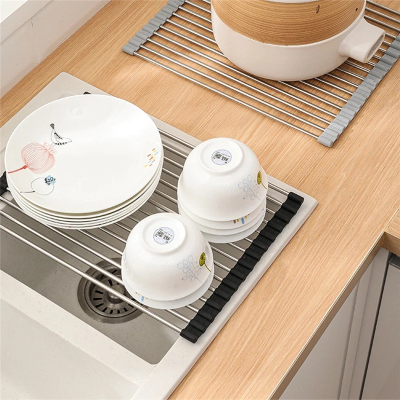 Giá úp chén dĩa ráo nước gắn bồn rửa chén bằng thép không gỉ gấp gọn tiện dụng cho nhà bếp