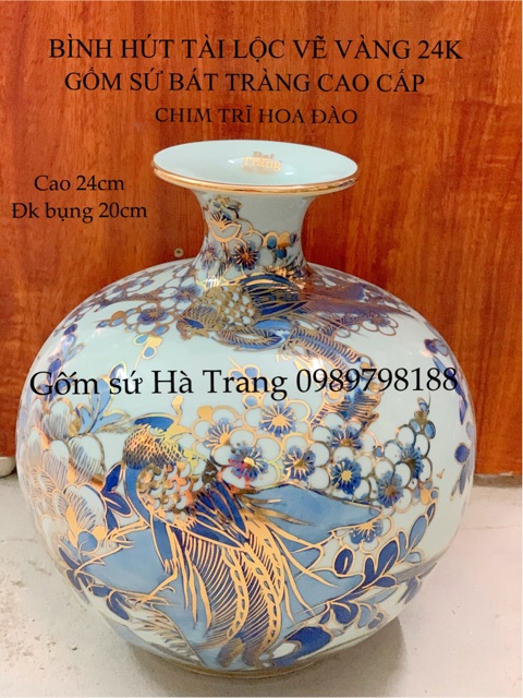 Bình hút tài lộc gốm sứ Bát Tràng cao cấp vẽ vàng 24k hoạ tiết chim trĩ hoa đào cao 24cm