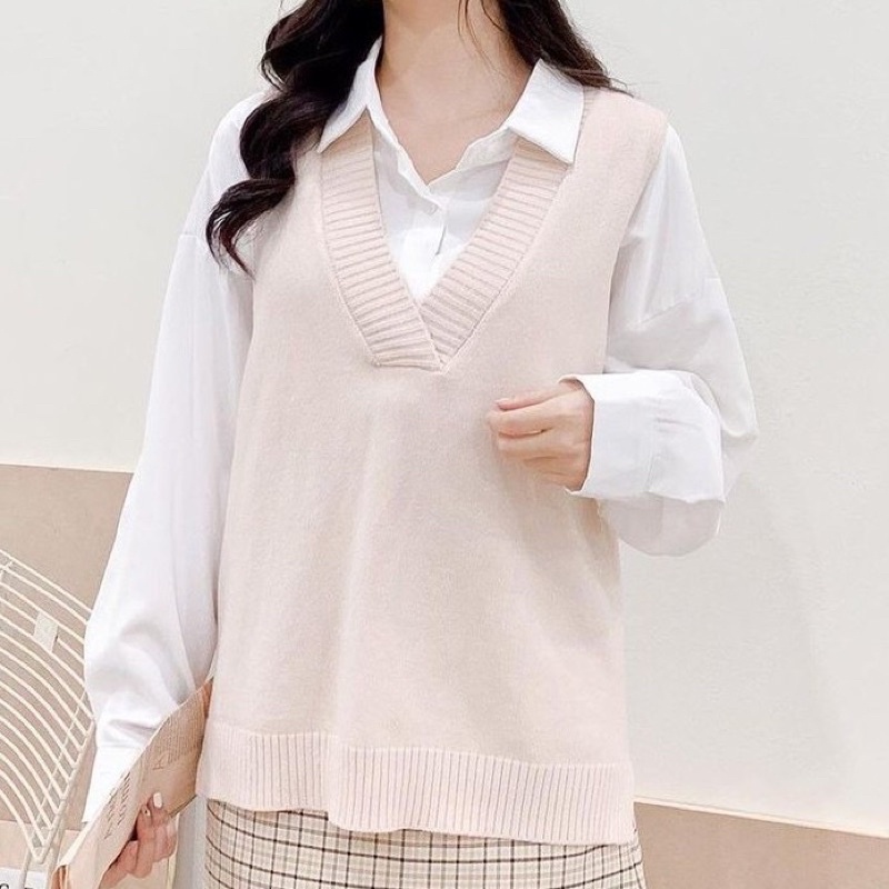 Áo len gile oversize dáng rộng, cổ v xẻ vạt phong cách hàn quốc - xiaozhaivn