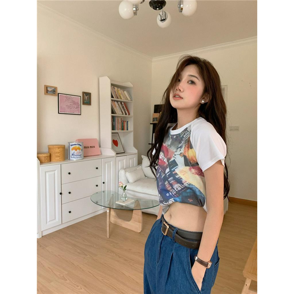 64042 Áo Thun Cotton Tay Ngắn Raglan In Trừu Tượng Phong Cách Mới