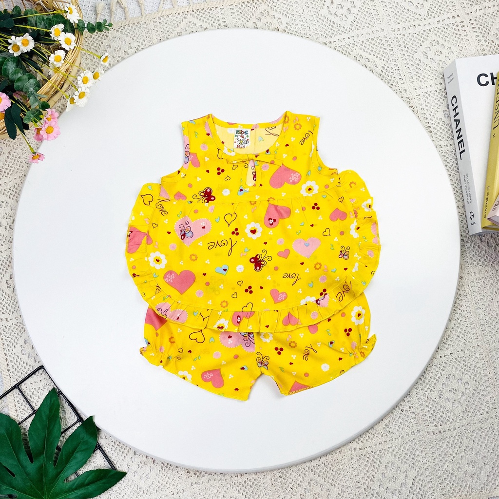 Bộ quần áo vải tôn  mẫu sát nách lai bèo tròn mềm - mịn - mát cho bé gái Megauu