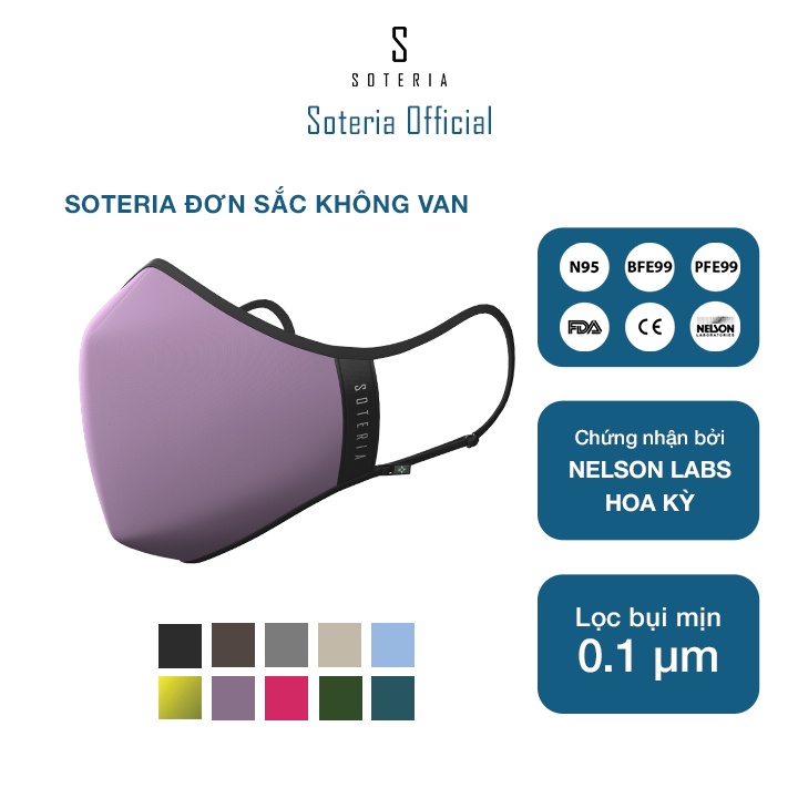 Khẩu trang tiêu chuẩn Quốc Tế Soteria Đơn Sắc Không Van, bộ lọc bụi mịn N95 BFE PFE  99 đến 0.1 micromet