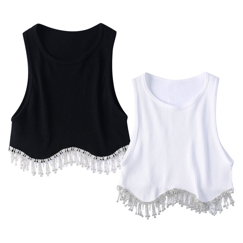 Áo Croptop Cổ Tròn Đính Đá Phối Tua Rua Thời Trang Cho Nữ